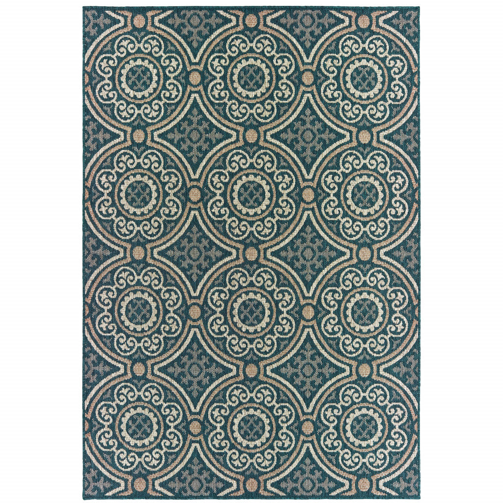 10' X 13' Blue and Gray Geometric Stain Resistant Indoor Outdoor Area Rug