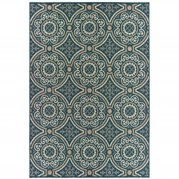 10' X 13' Blue and Gray Geometric Stain Resistant Indoor Outdoor Area Rug