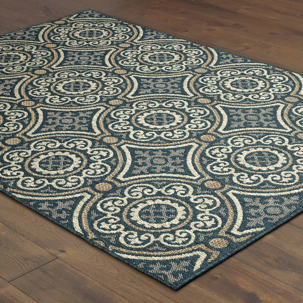 10' X 13' Blue and Gray Geometric Stain Resistant Indoor Outdoor Area Rug