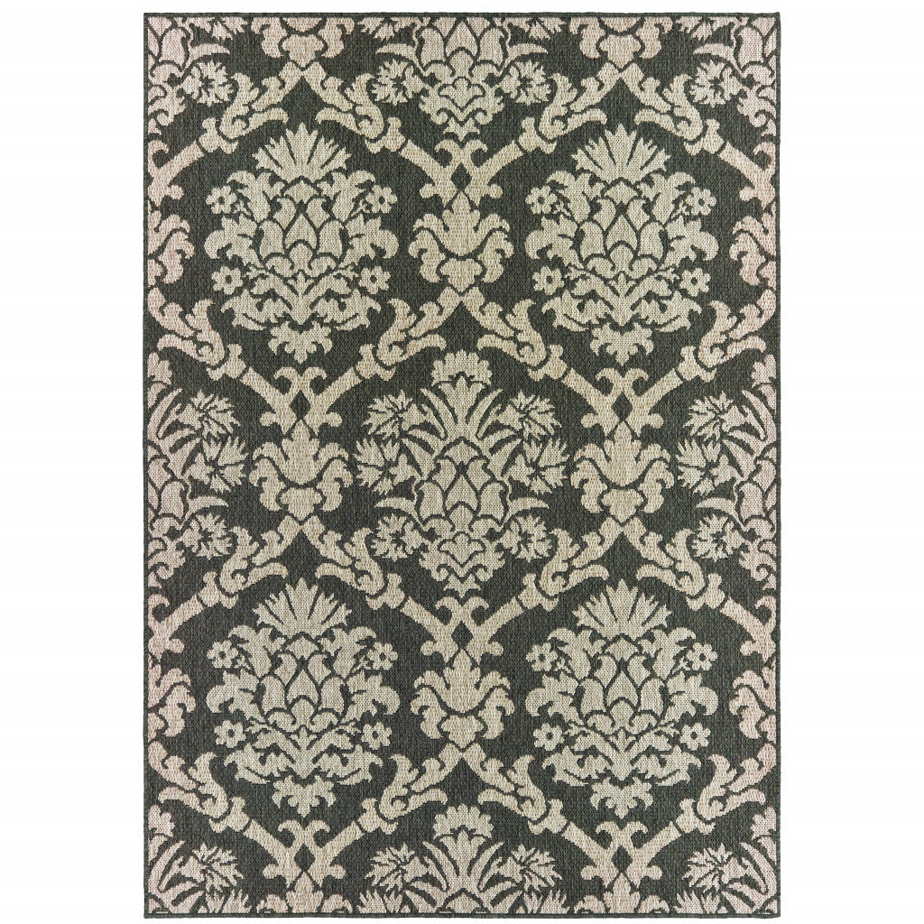 10' X 13' Gray Floral Stain Resistant Indoor Outdoor Area Rug