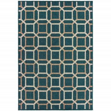 10' X 13' Blue and Gray Geometric Stain Resistant Indoor Outdoor Area Rug