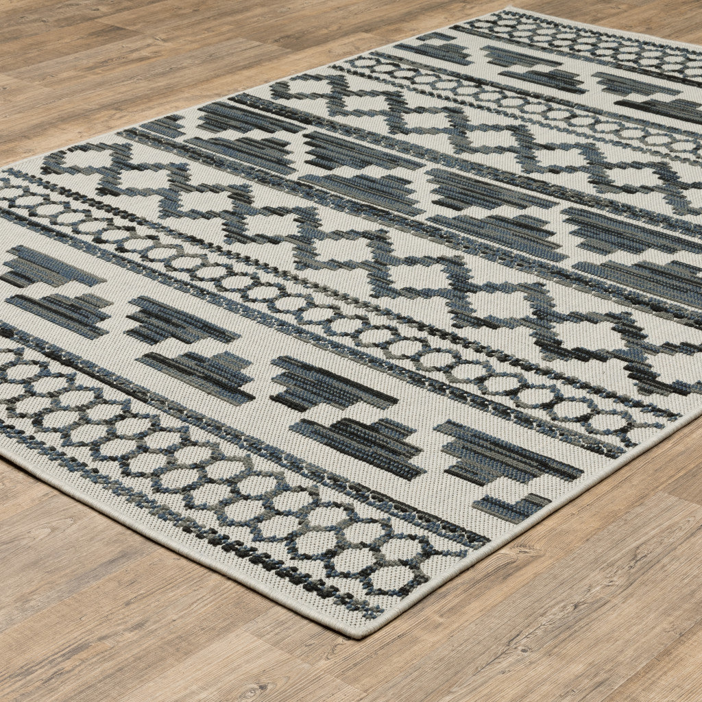 10' X 13' Blue and Beige Geometric Stain Resistant Indoor Outdoor Area Rug