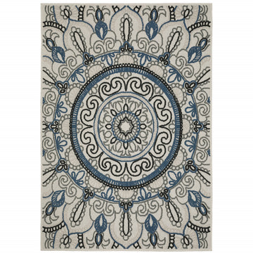 10' X 13' Blue and Beige Geometric Stain Resistant Indoor Outdoor Area Rug