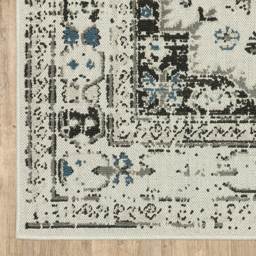 10' X 13' Blue and Beige Oriental Stain Resistant Indoor Outdoor Area Rug