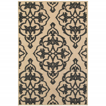 10' X 13' Beige and Black Oriental Stain Resistant Indoor Outdoor Area Rug