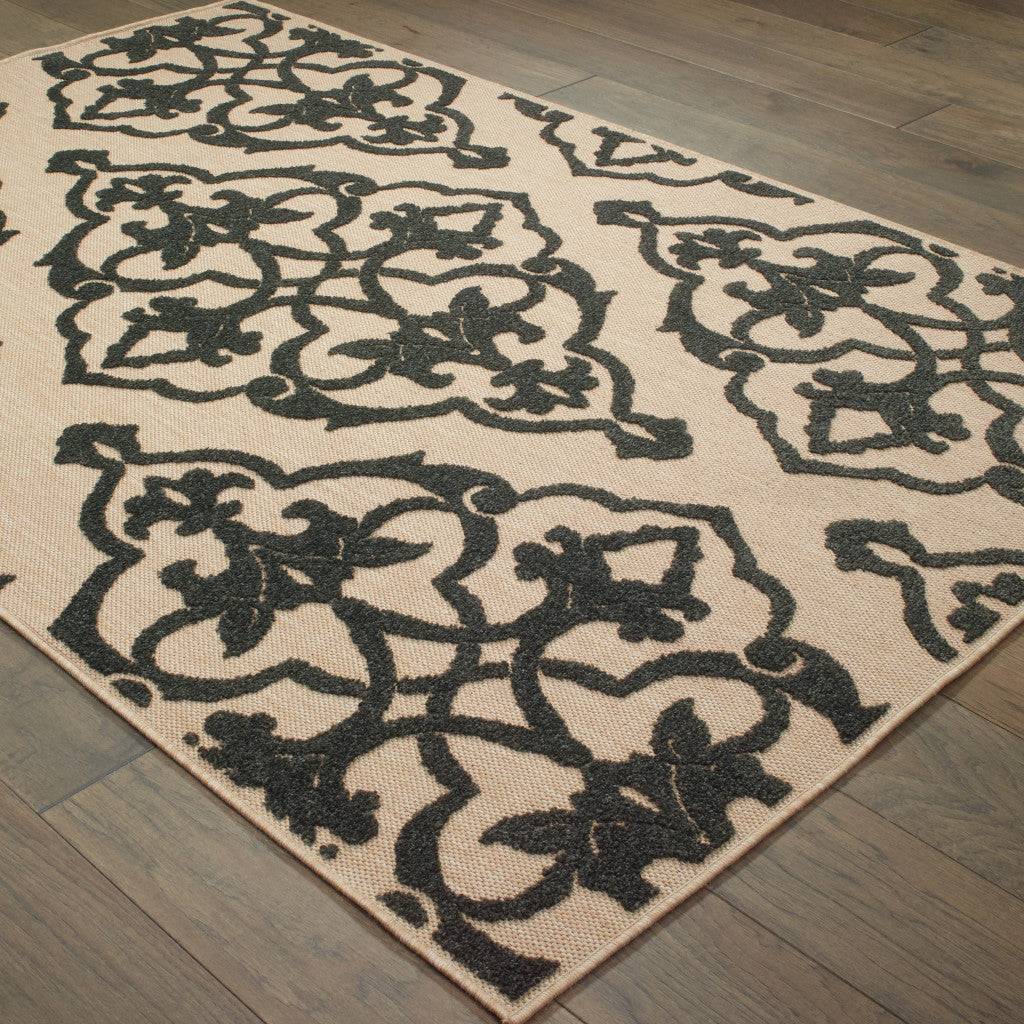 10' X 13' Beige and Black Oriental Stain Resistant Indoor Outdoor Area Rug