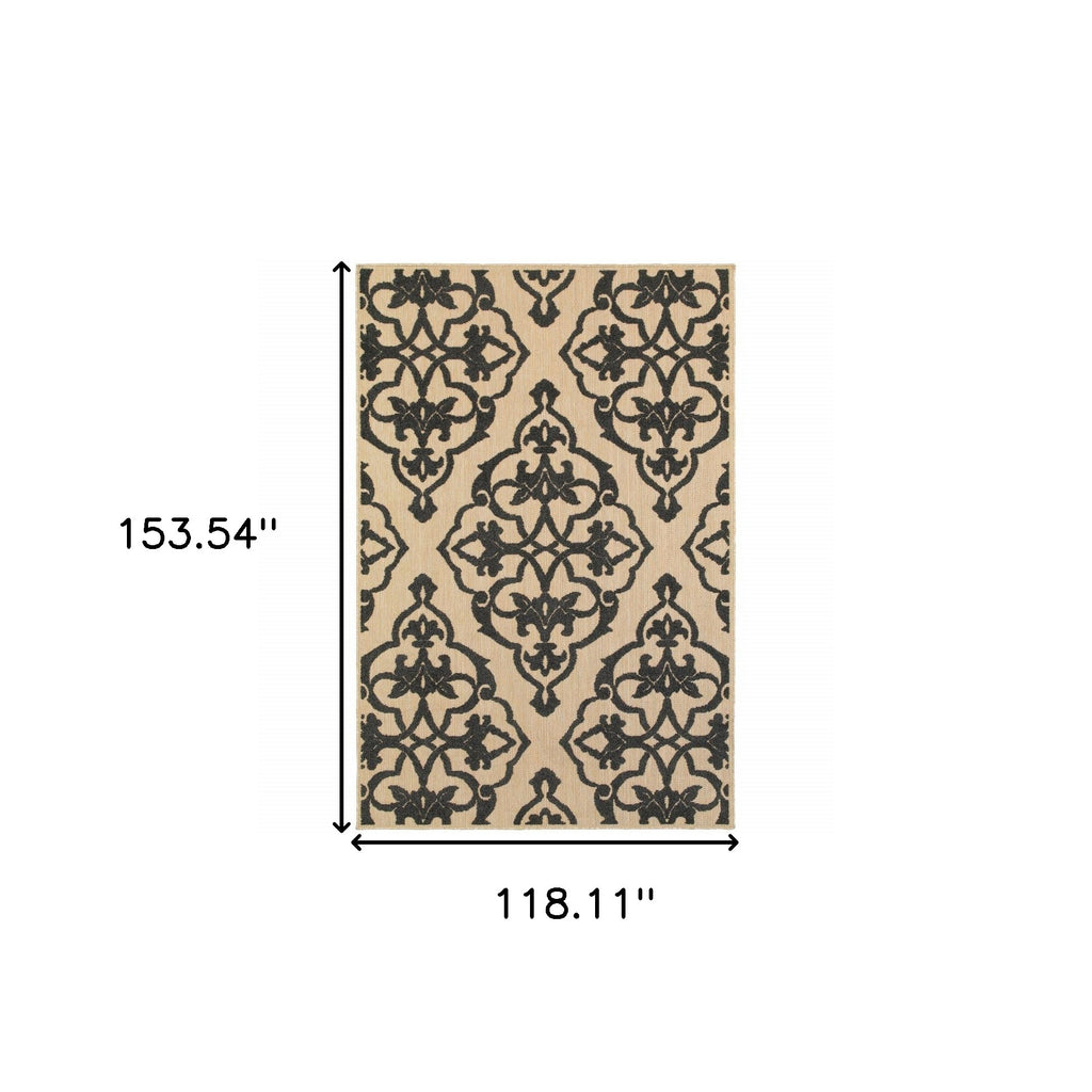 10' X 13' Beige and Black Oriental Stain Resistant Indoor Outdoor Area Rug