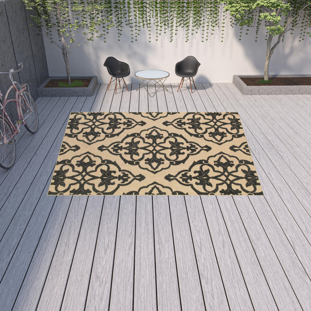 10' X 13' Beige and Black Oriental Stain Resistant Indoor Outdoor Area Rug