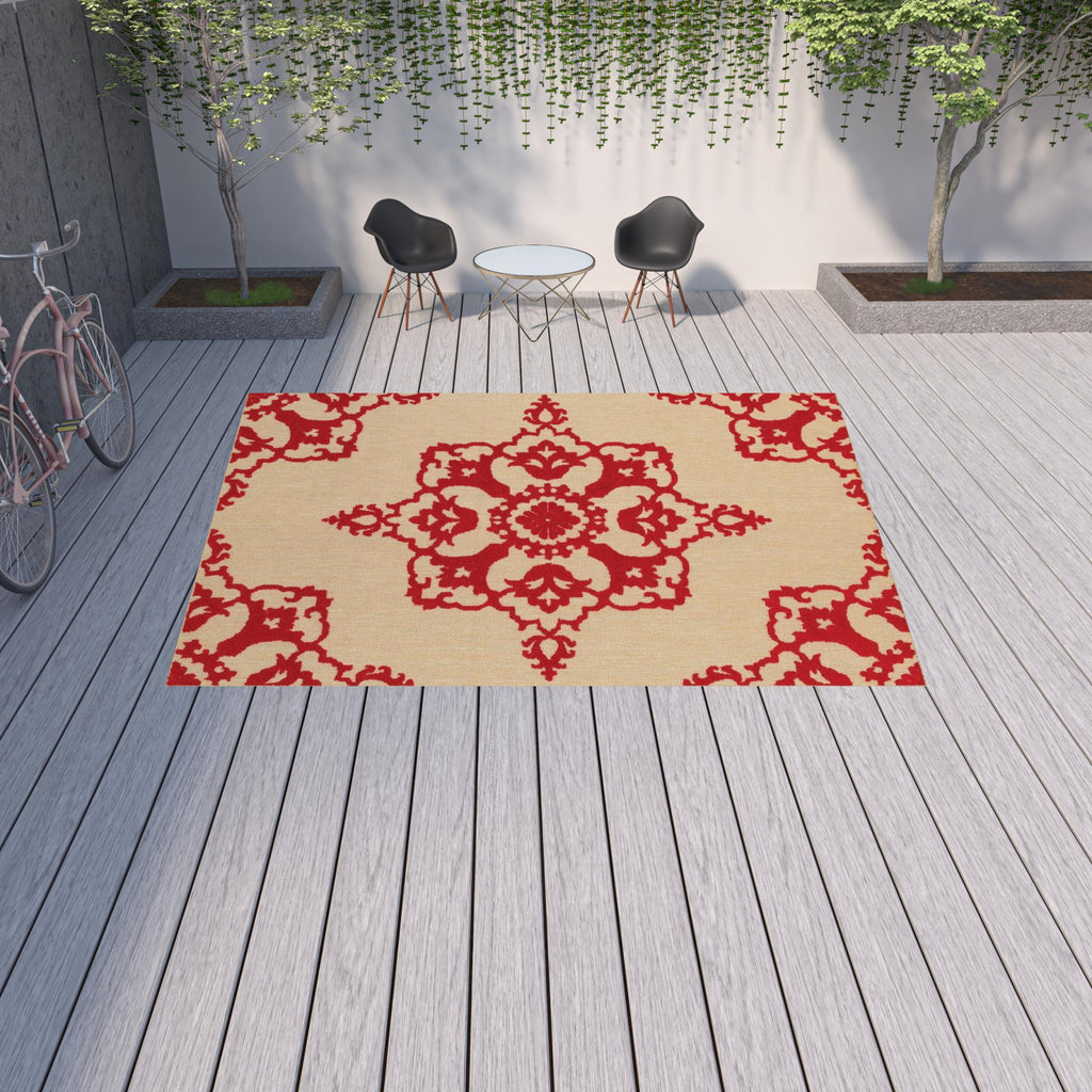 10' X 13' Red Oriental Stain Resistant Indoor Outdoor Area Rug