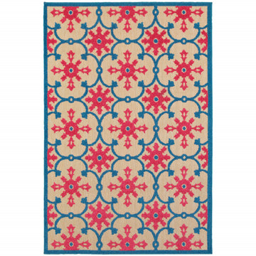 10' X 13' Blue and Beige Oriental Stain Resistant Indoor Outdoor Area Rug