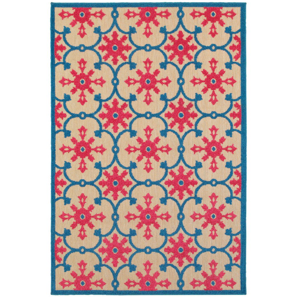 10' X 13' Blue and Beige Oriental Stain Resistant Indoor Outdoor Area Rug