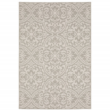 10' X 13' Gray and Ivory Floral Stain Resistant Indoor Outdoor Area Rug