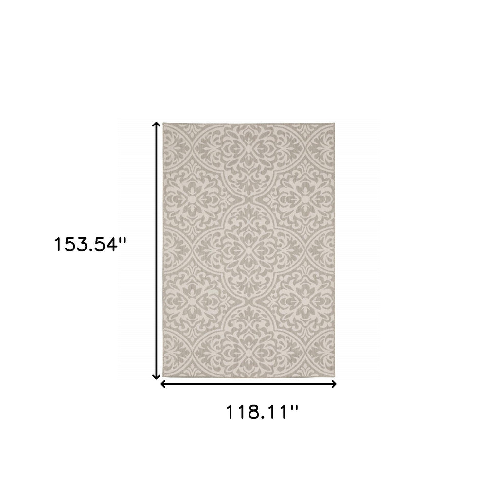 10' X 13' Gray and Ivory Floral Stain Resistant Indoor Outdoor Area Rug