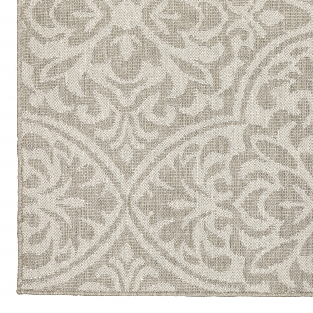 10' X 13' Gray and Ivory Floral Stain Resistant Indoor Outdoor Area Rug