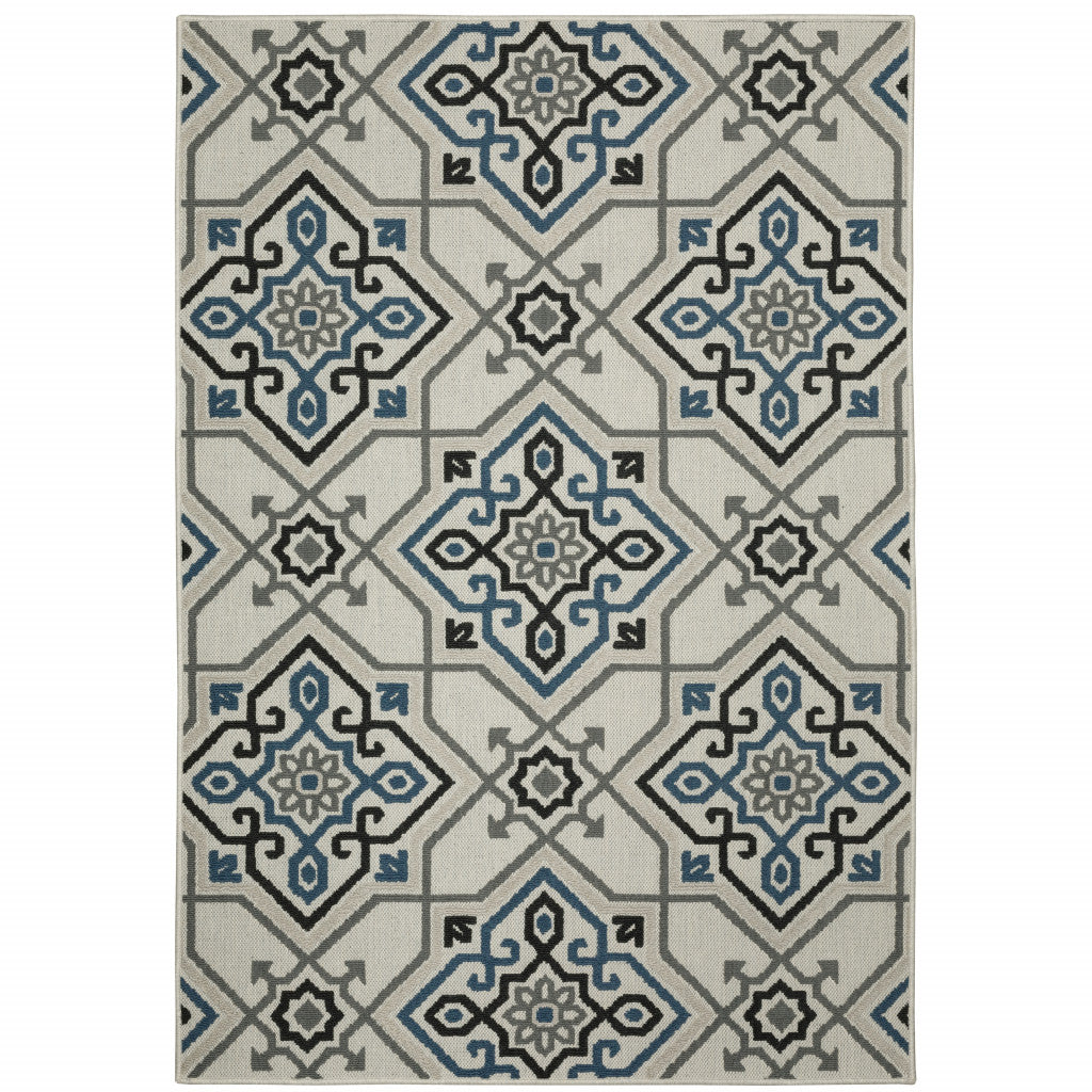 10' X 13' Blue and Beige Oriental Stain Resistant Indoor Outdoor Area Rug