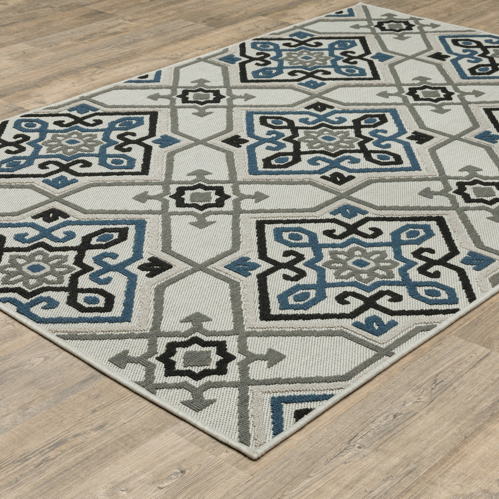 10' X 13' Blue and Beige Oriental Stain Resistant Indoor Outdoor Area Rug