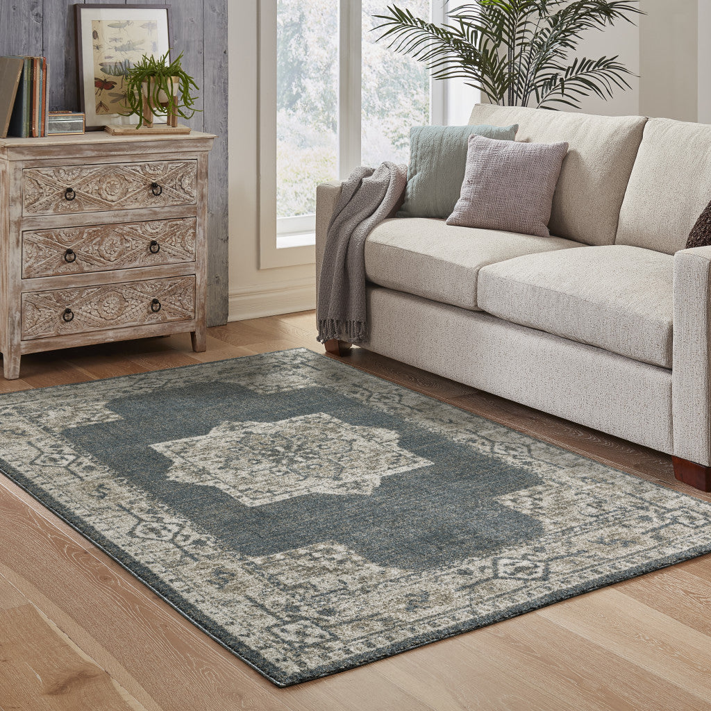 10' X 13' Blue and Beige Oriental Power Loom Area Rug