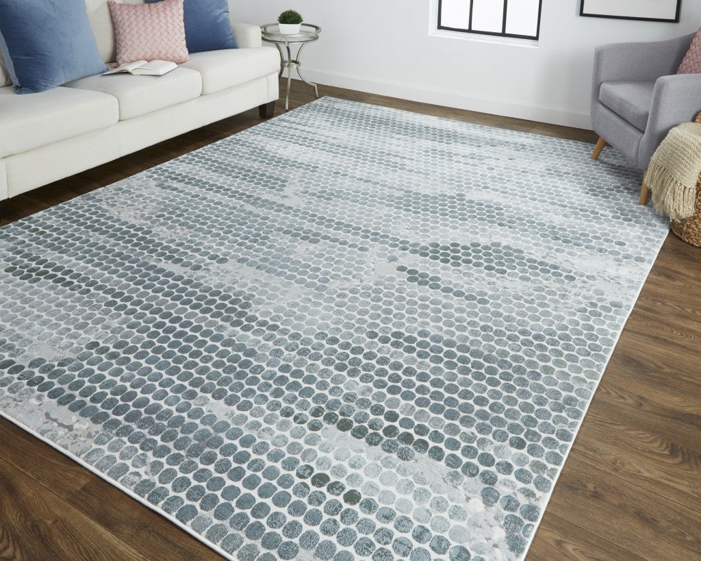 10' X 13' Blue And Gray Polka Dots Distressed Stain Resistant Area Rug