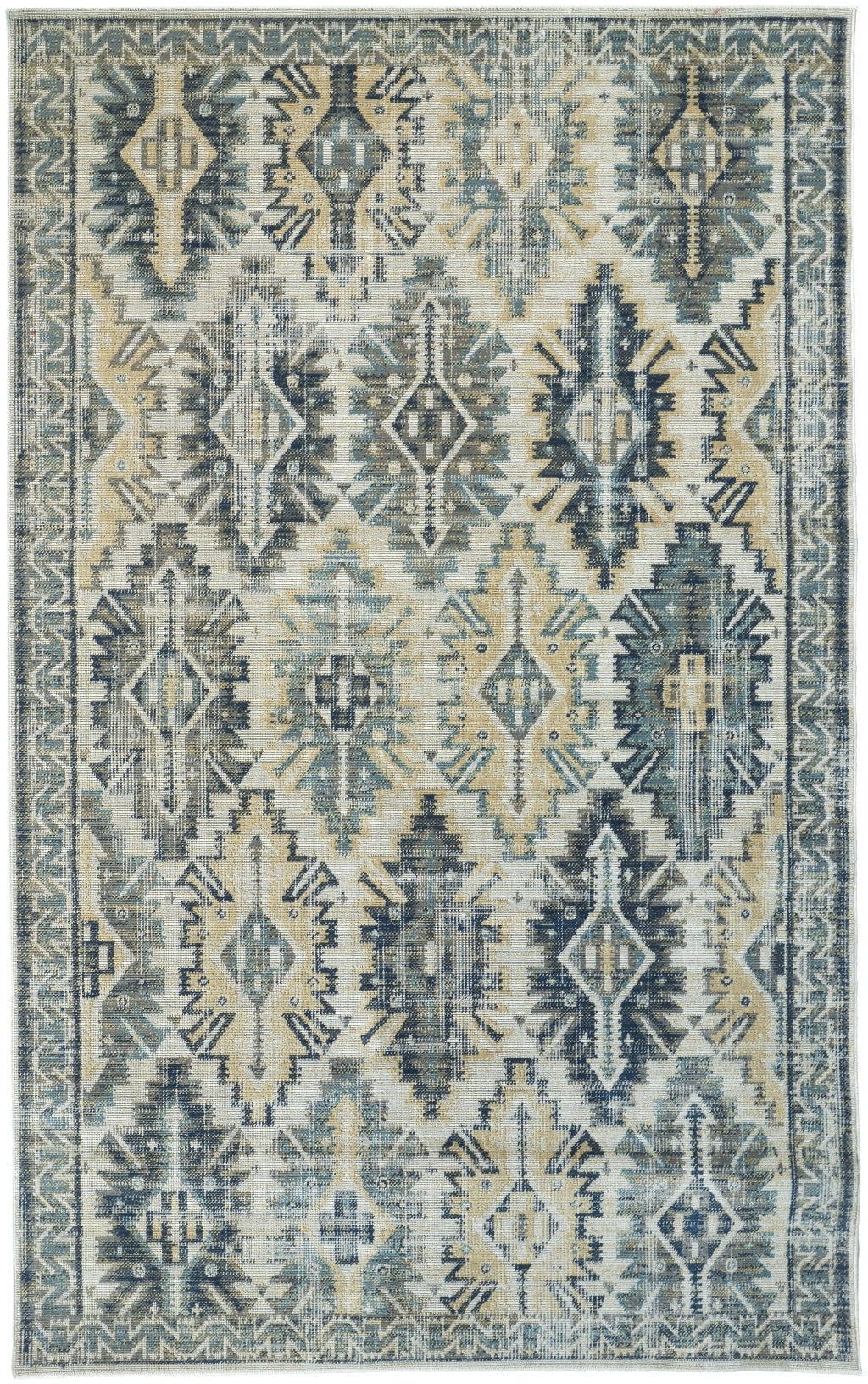 13' X 15' Ivory Green and Blue Aztec Distressed Indoor Outdoor Area Rug