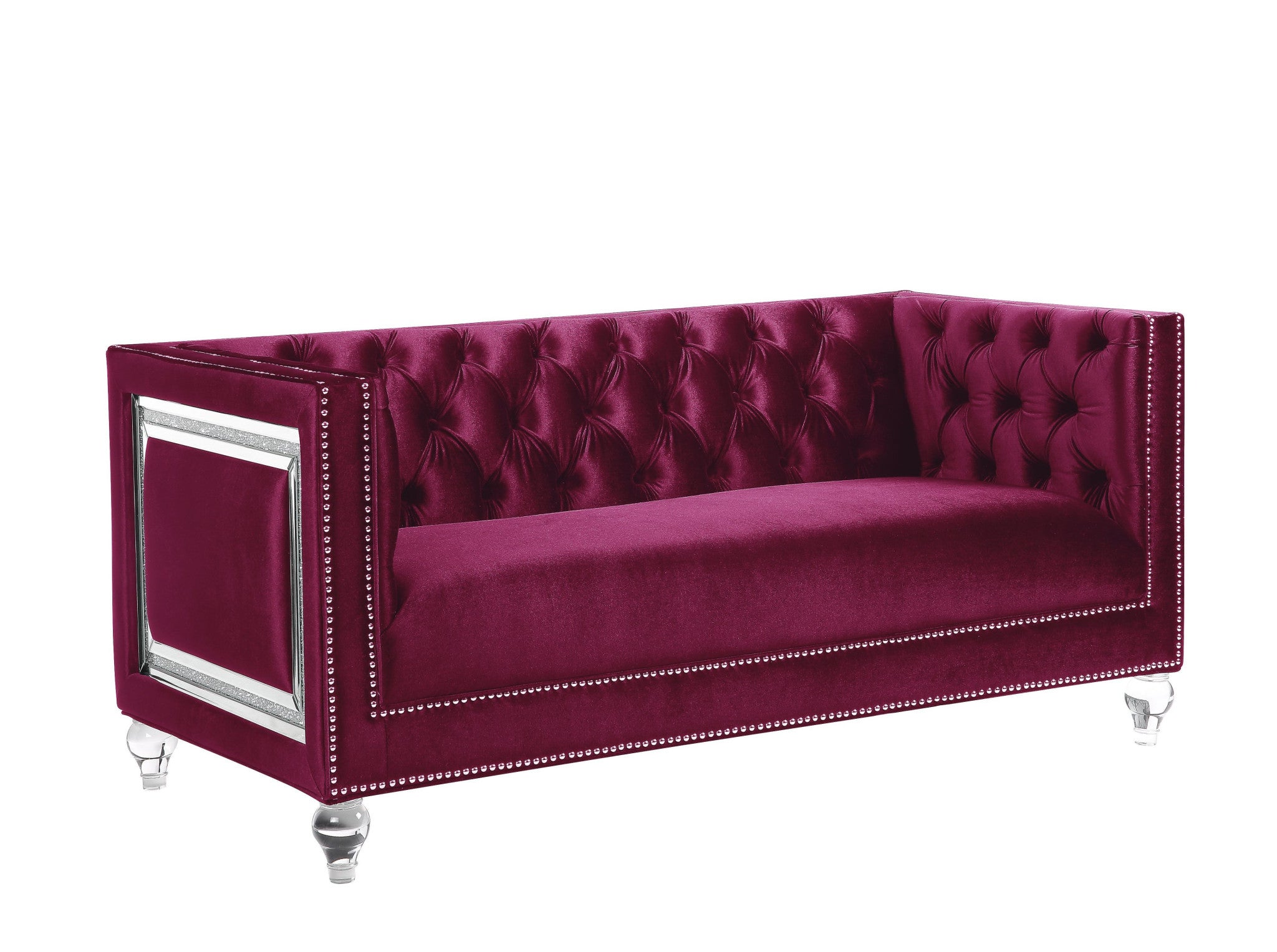 67" Burgundy And Silver Velvet Loveseat and Toss Pillows