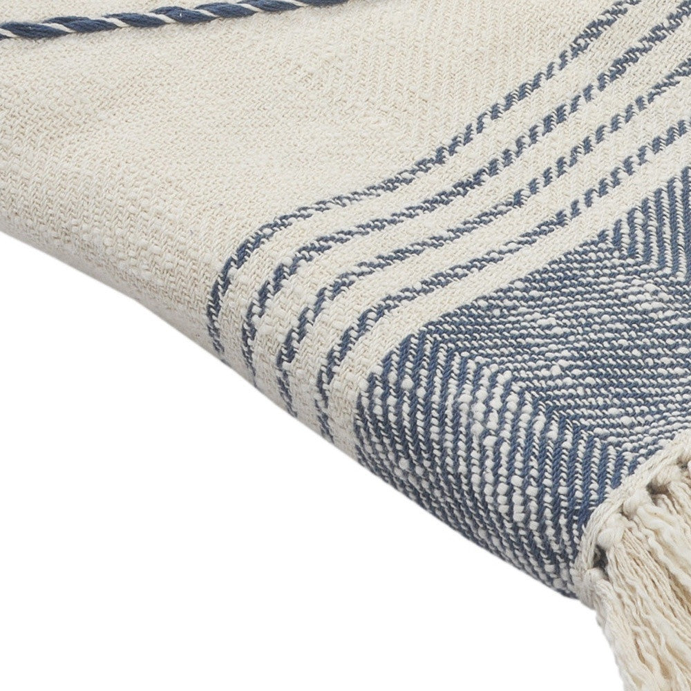 60" X 50" Blue and Off White Woven Cotton Striped Throw Blanket with Fringe