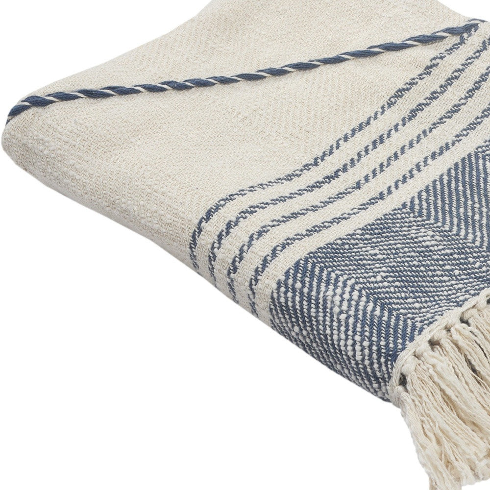 60" X 50" Blue and Off White Woven Cotton Striped Throw Blanket with Fringe