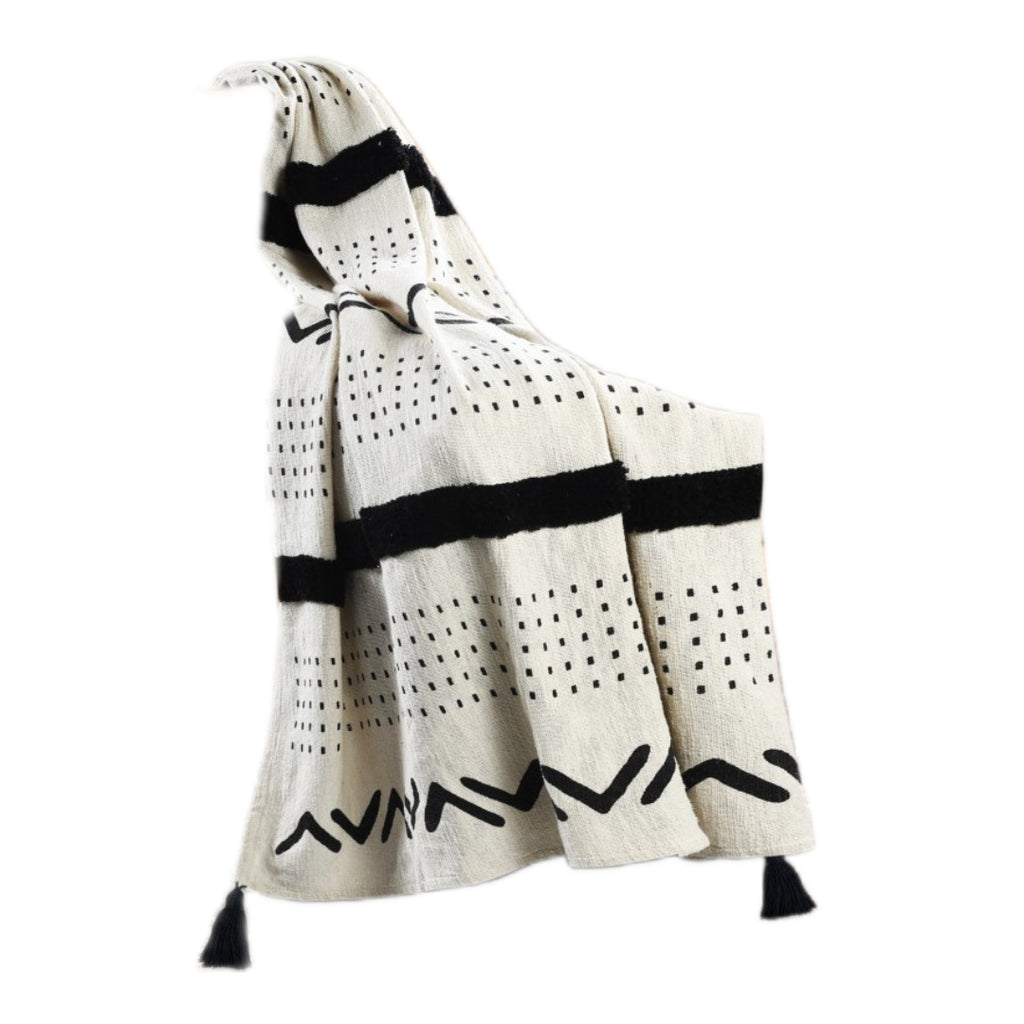 60" X 50" Black and White Woven Cotton Striped Throw Blanket with Tassels