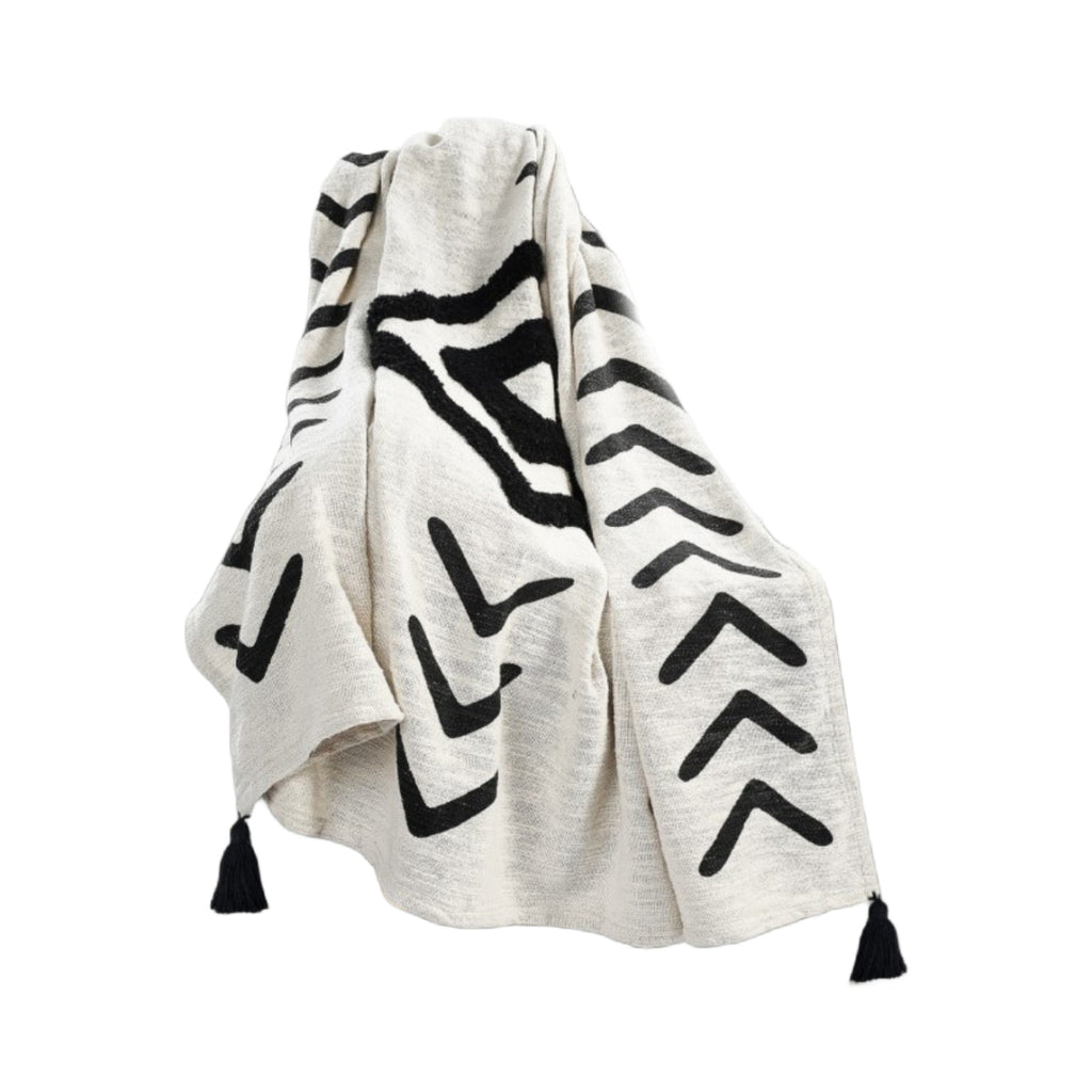 50" X 60" Black and White Woven Cotton Geometric Throw Blanket with Tassels