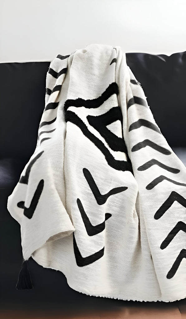 50" X 60" Black and White Woven Cotton Geometric Throw Blanket with Tassels