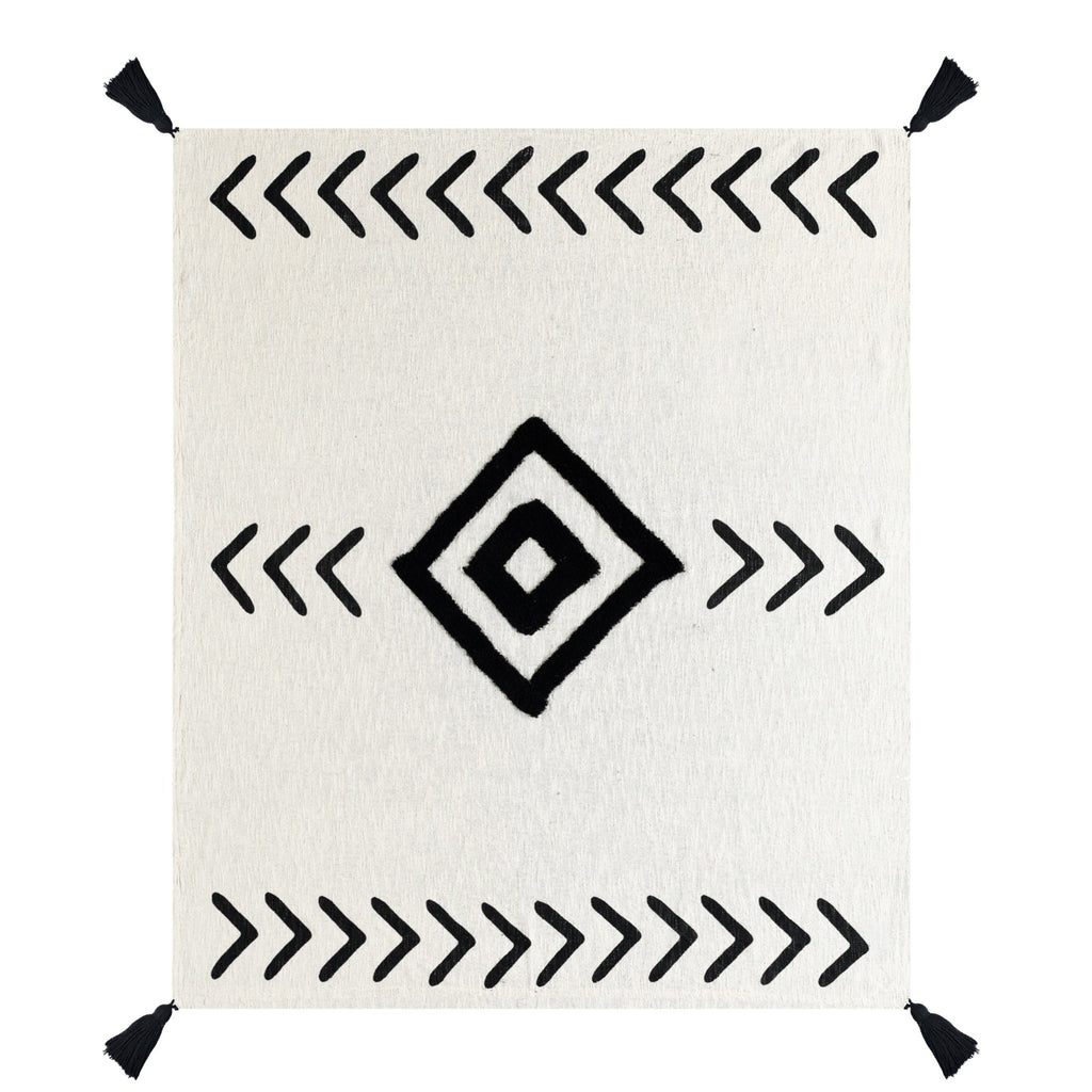 50" X 60" Black and White Woven Cotton Geometric Throw Blanket with Tassels