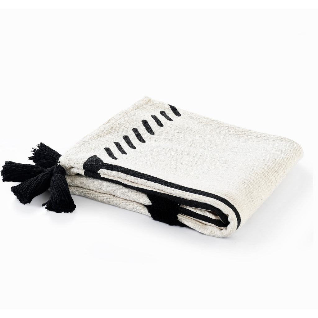 50" X 60" Black and White Woven Cotton Geometric Throw Blanket with Tassels