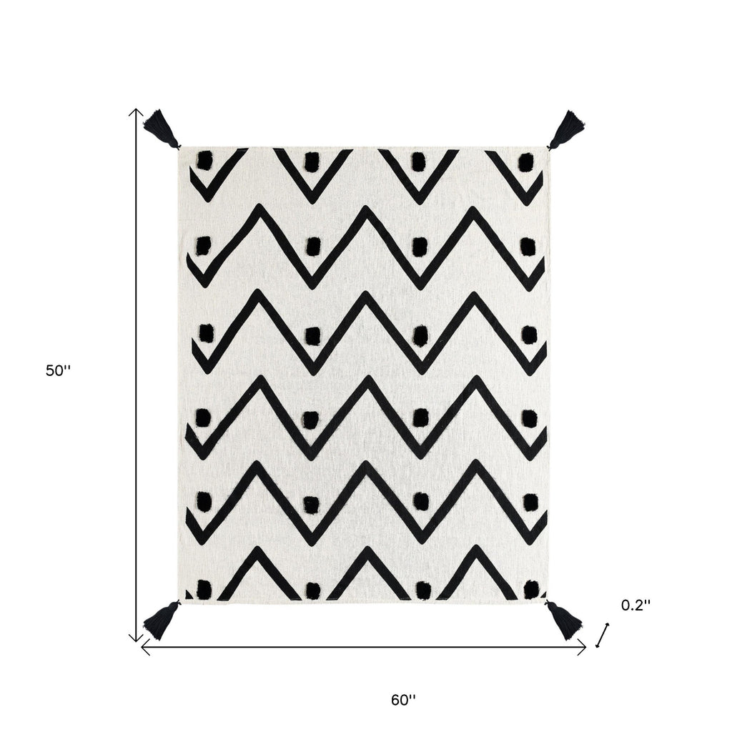 50" X 60" Black and White Woven Cotton Chevron Throw Blanket with Tassels