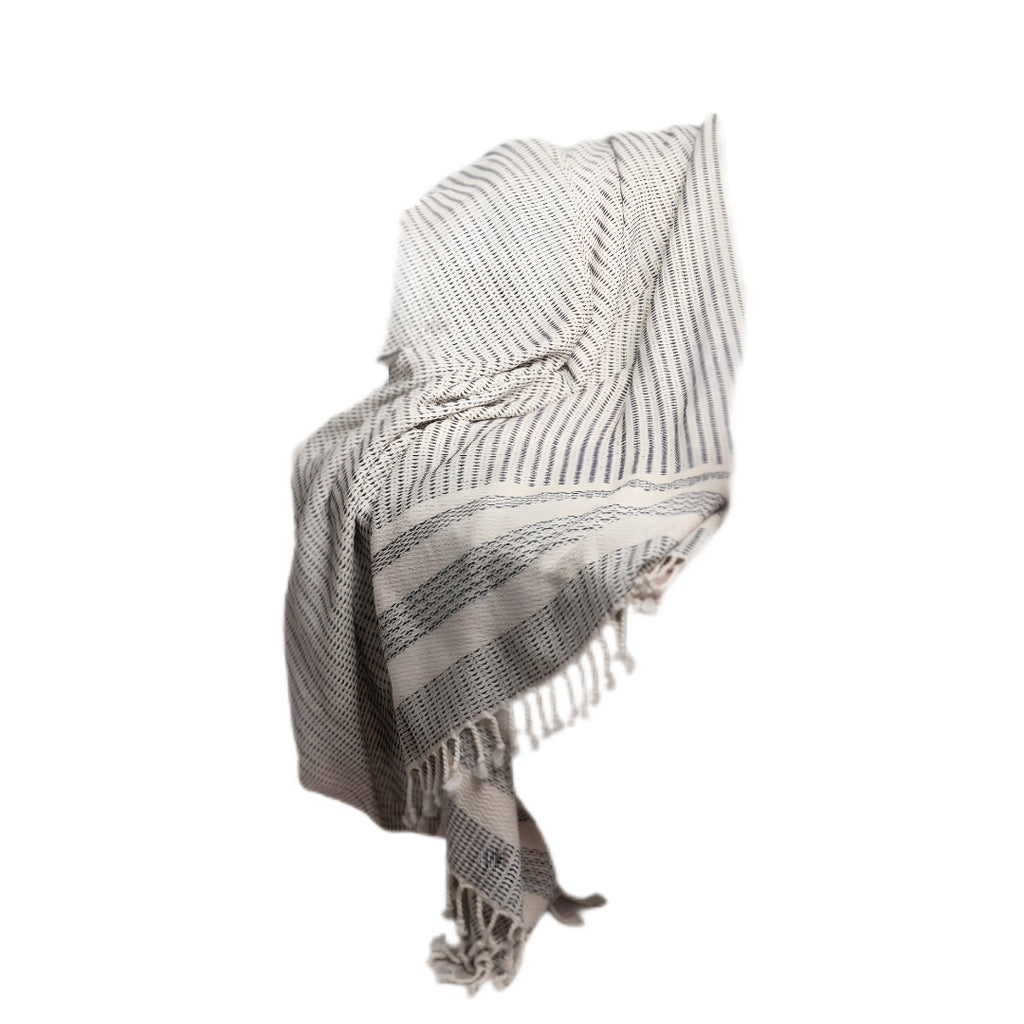 50" X 60" Blue and White Woven Cotton Striped Throw Blanket with Fringe