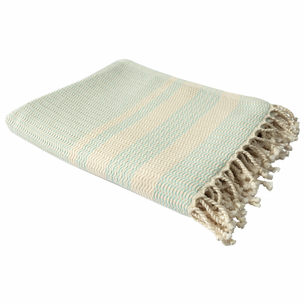 50" X 60" Blue and White Woven Cotton Striped Throw Blanket with Fringe