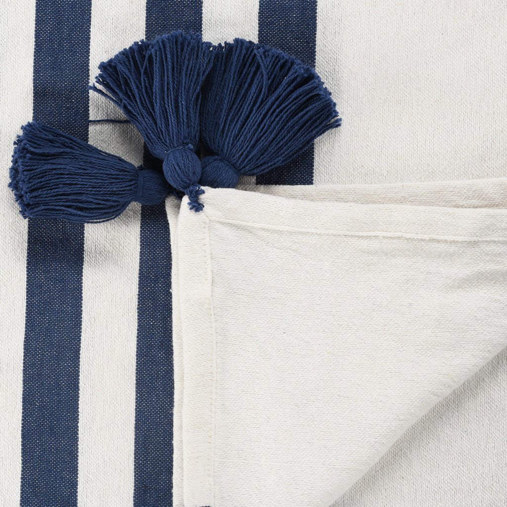 50" X 60" Blue and White Woven Cotton Striped Throw Blanket with Tassels