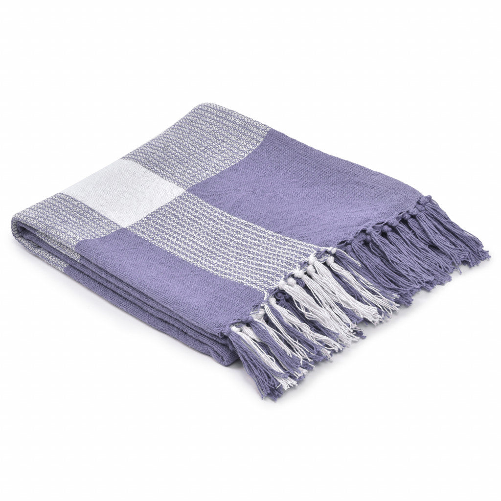 50" X 60" Purple Woven Cotton Checkered Throw Blanket with Fringe