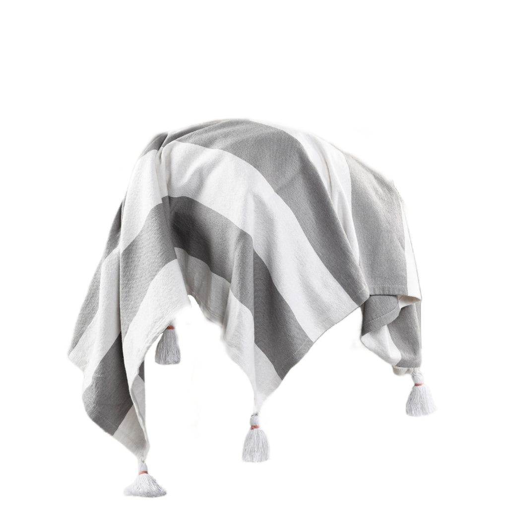 50" X 60" Gray and White Woven Cotton Striped Throw Blanket with Tassels