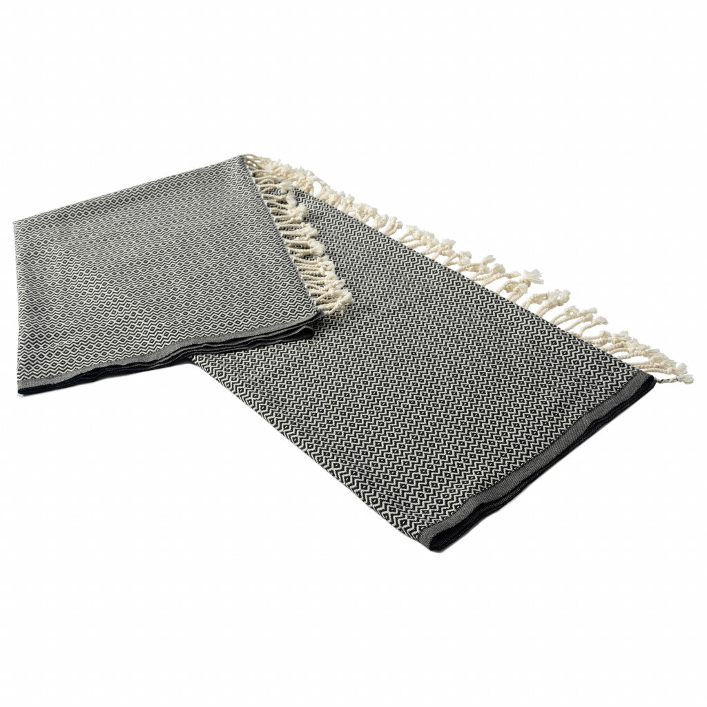 50" X 60" Black and White Woven Cotton Geometric Throw Blanket with Fringe