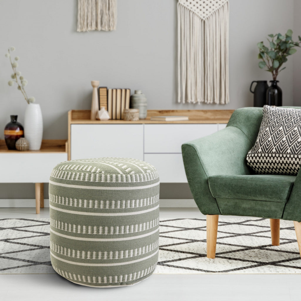 20" Blue Polyester Round Striped Indoor Outdoor Pouf Ottoman