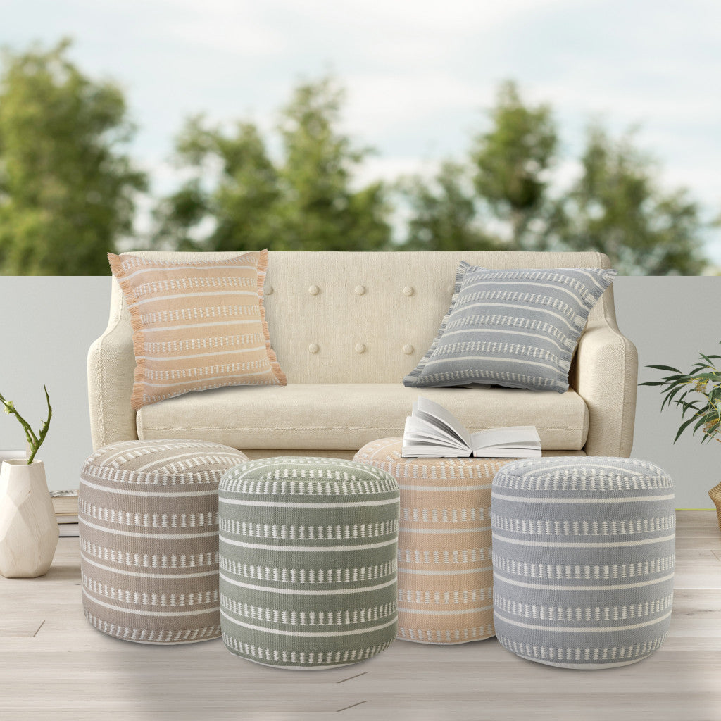 20" Blue Polyester Round Striped Indoor Outdoor Pouf Ottoman