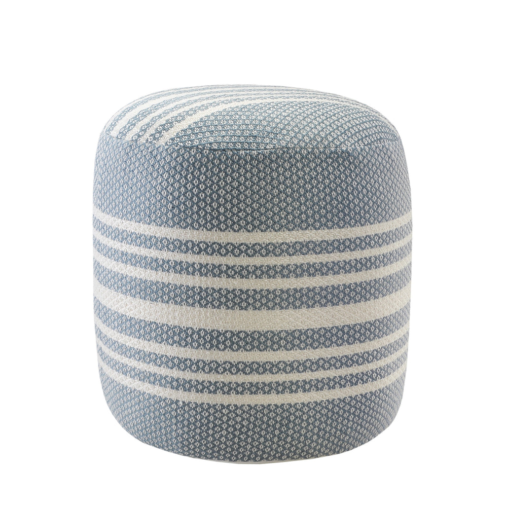 20" Blue Polyester Round Striped Indoor Outdoor Pouf Ottoman