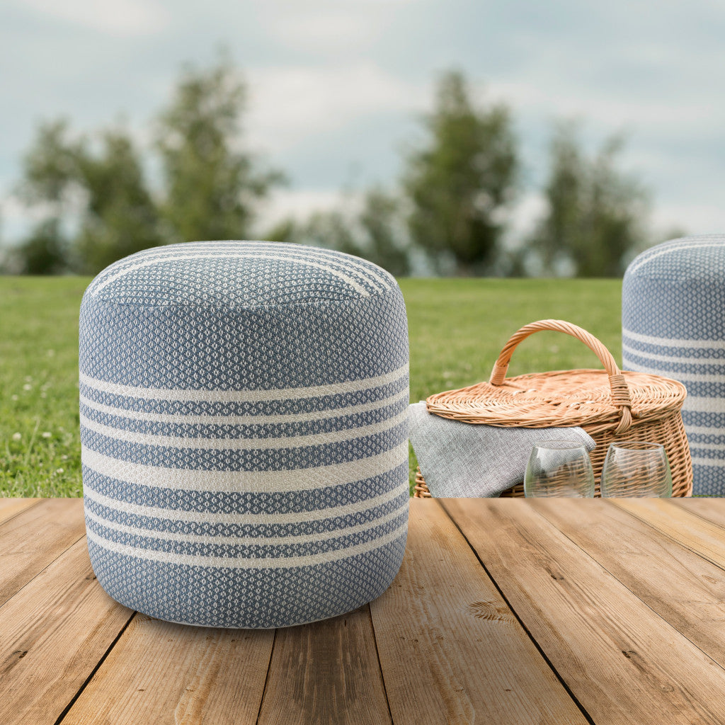 20" Blue Polyester Round Striped Indoor Outdoor Pouf Ottoman