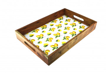 18" Brown and White Solid Wood Lemon Serving Tray With Handles