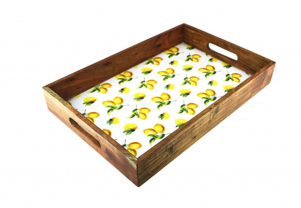 18" Brown and White Solid Wood Lemon Serving Tray With Handles