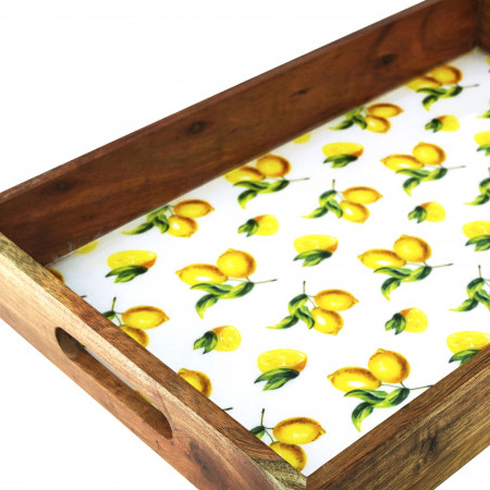 18" Brown and White Solid Wood Lemon Serving Tray With Handles