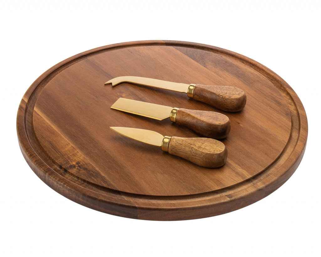 LuxxHomes  Set Of 12" Brown Round Solid Wood Cheese Board Cheese Knives And Tools Included