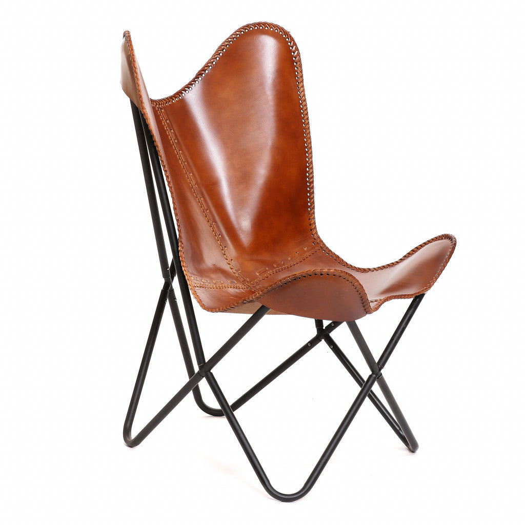 32" Brown And Black Genuine Leather Butterfly Chair