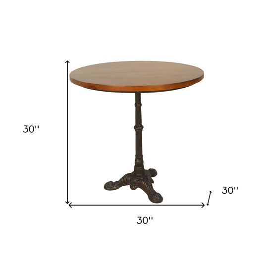 30" Chestnut And Black Rounded Solid Wood And Iron Pedestal Base Dining Table