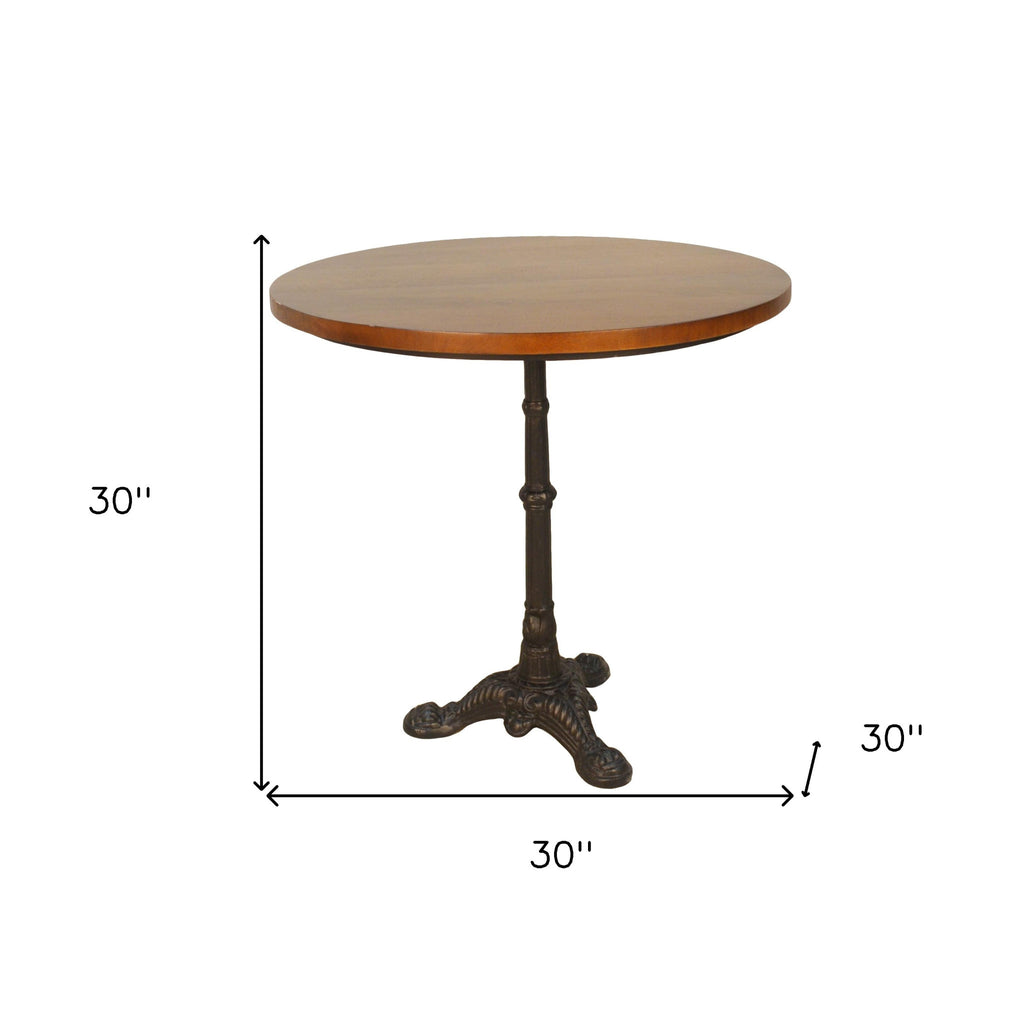 30" Chestnut And Black Rounded Solid Wood And Iron Pedestal Base Dining Table