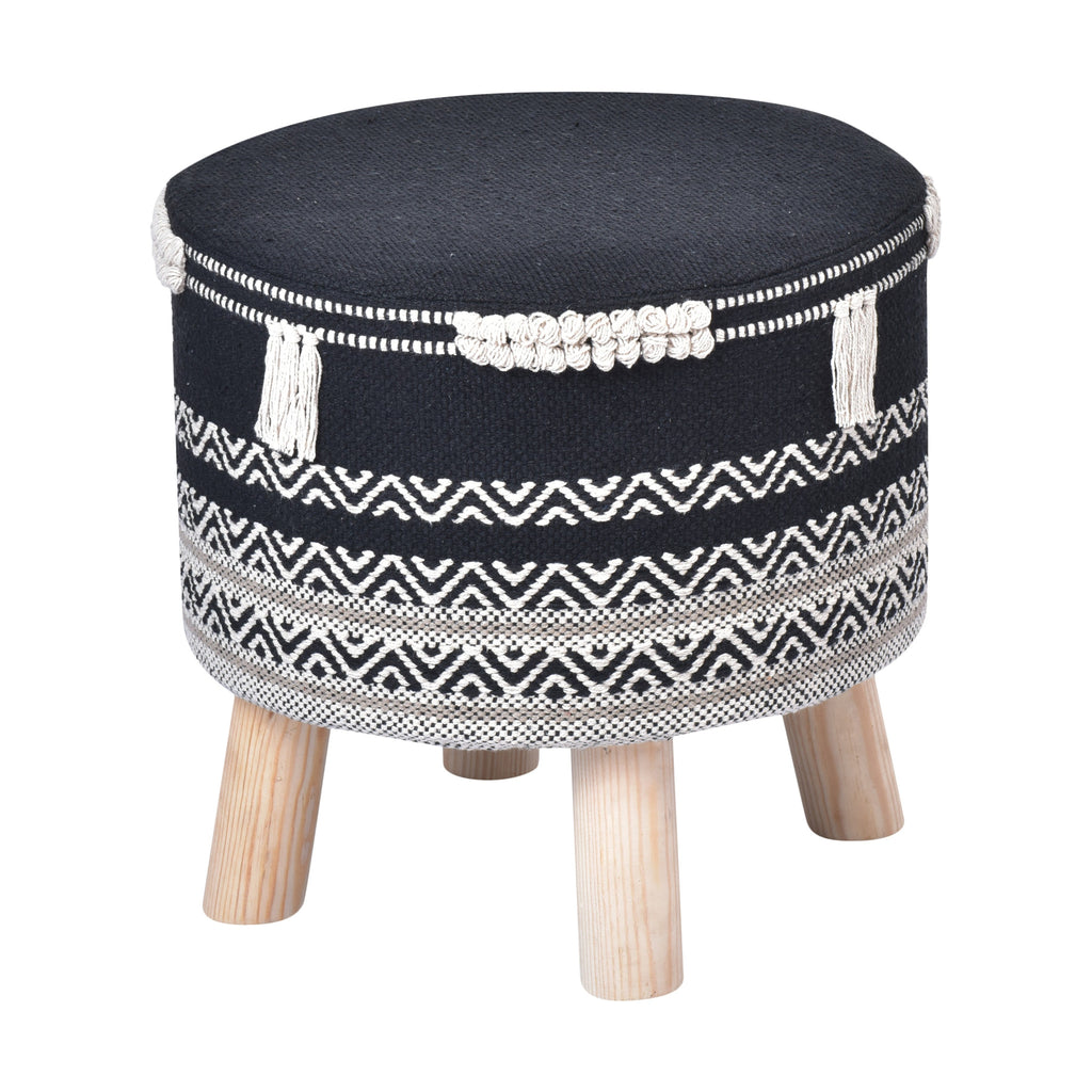 16" Black And White Cotton And Natural Round Chevron Ottoman